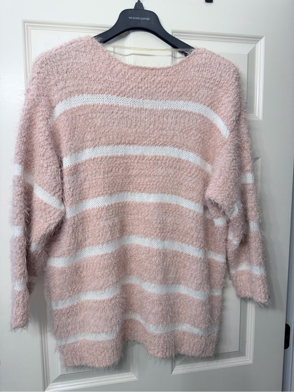 Calvin Klein Pink and White Fuzzy Striped Crew Sweater